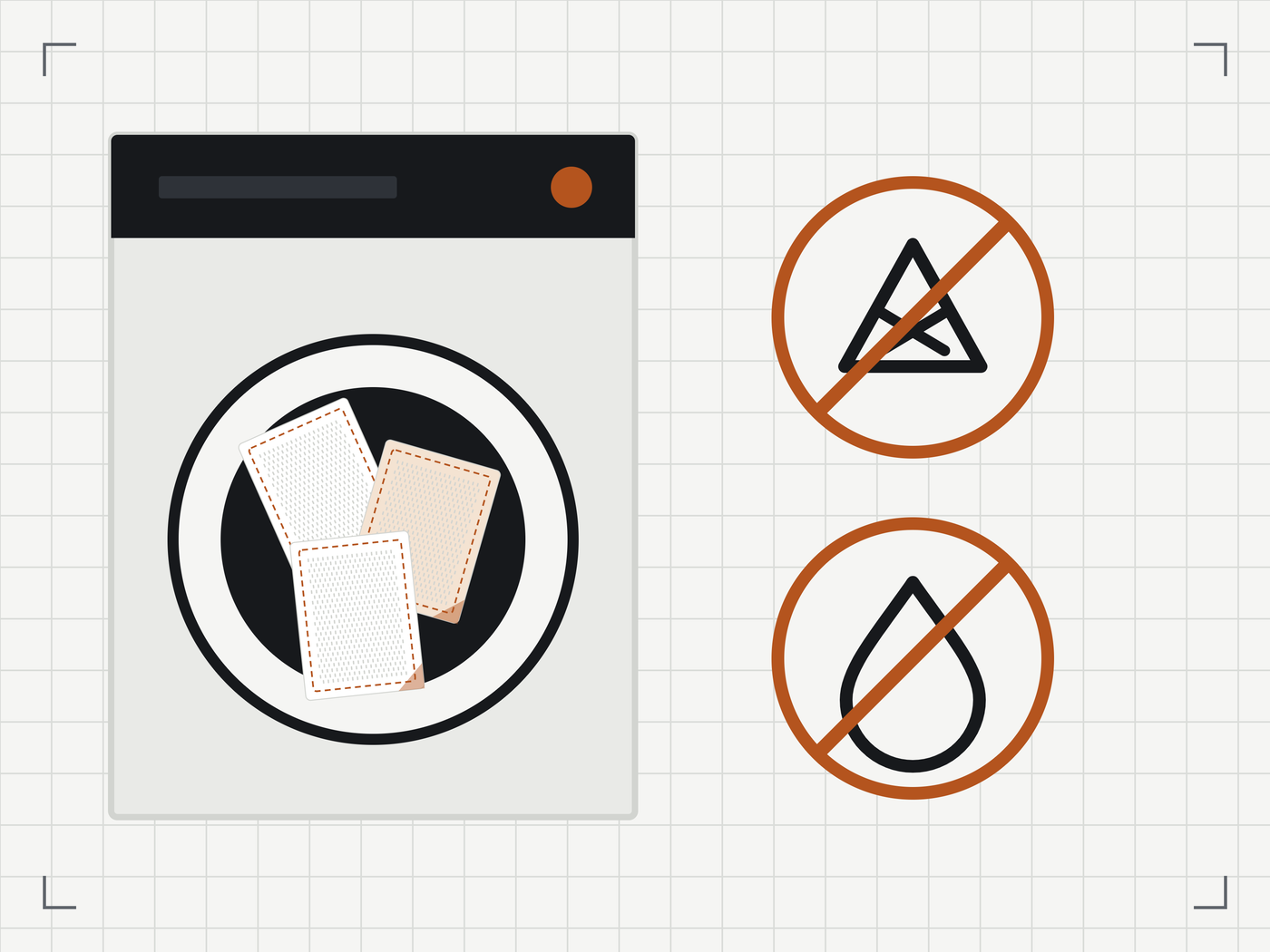 Illustration einer Waschmaschine mit Mikrofasertüchern in der Trommel, daneben zwei durchgestrichene Symbole für Bleichmittel und Weichspüler.
