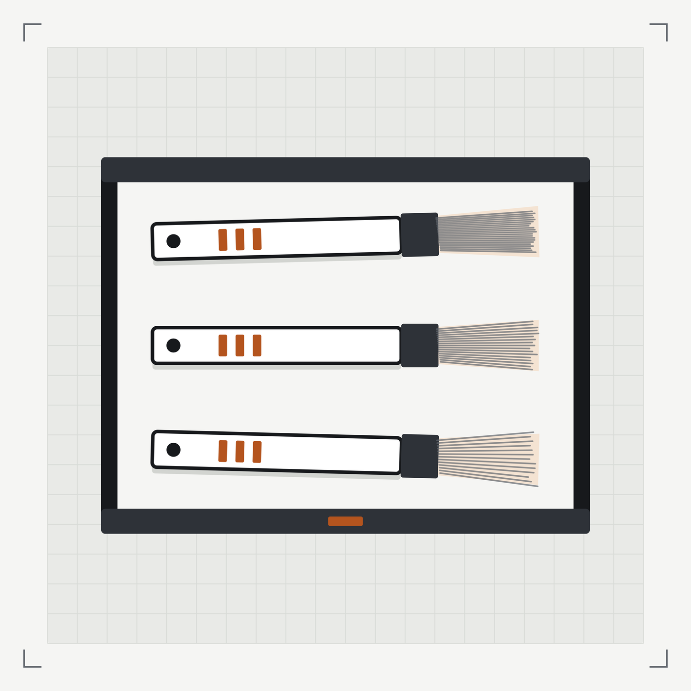 Illustration des Dreierbürstensets: drei Detailbürsten mit Griff, Zwinge und Borstenkopf, nebeneinander in der offenen Schiebeschachtel liegend.