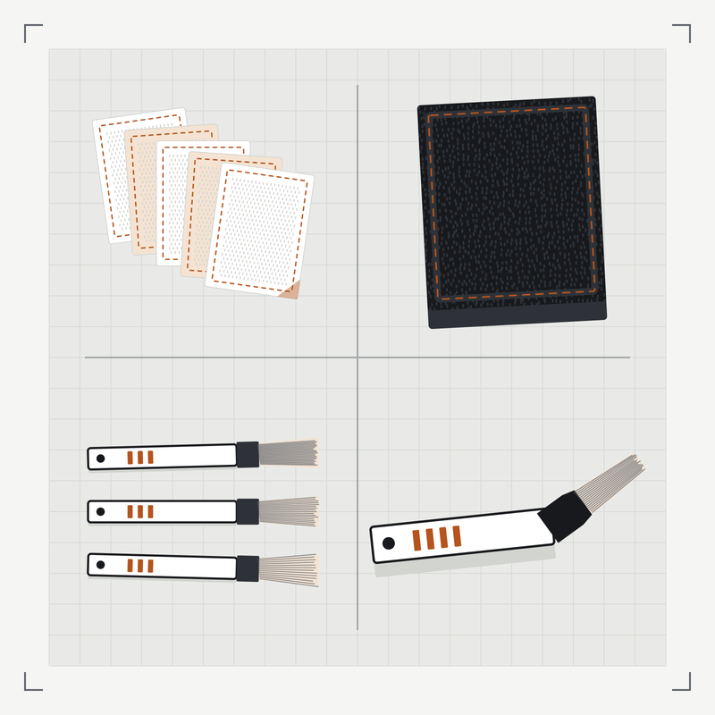 Illustration des Komplettsets: fünf gefaltete Mikrofasertücher, das große Trockentuch, die drei Detailbürsten und die Fugenbürste, auf vier Feldern eines Blattes angeordnet.